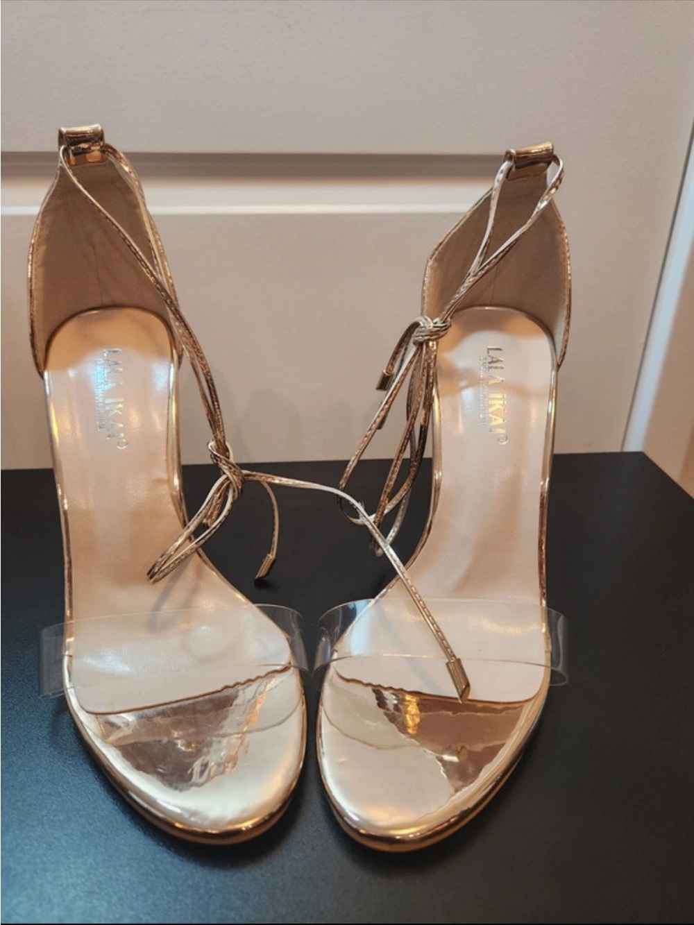 La La Lakai Metallic Gold Ankle-Tie Heels